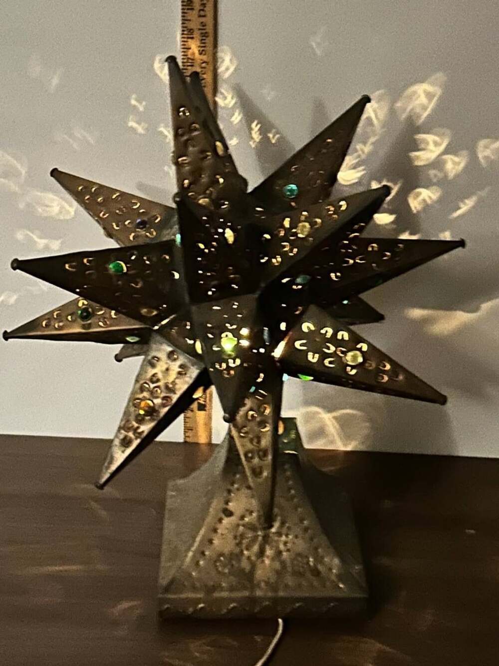 Moravian Star Table Lamp Pierced Metal Colored Jewel Accents Bronze Tone Light